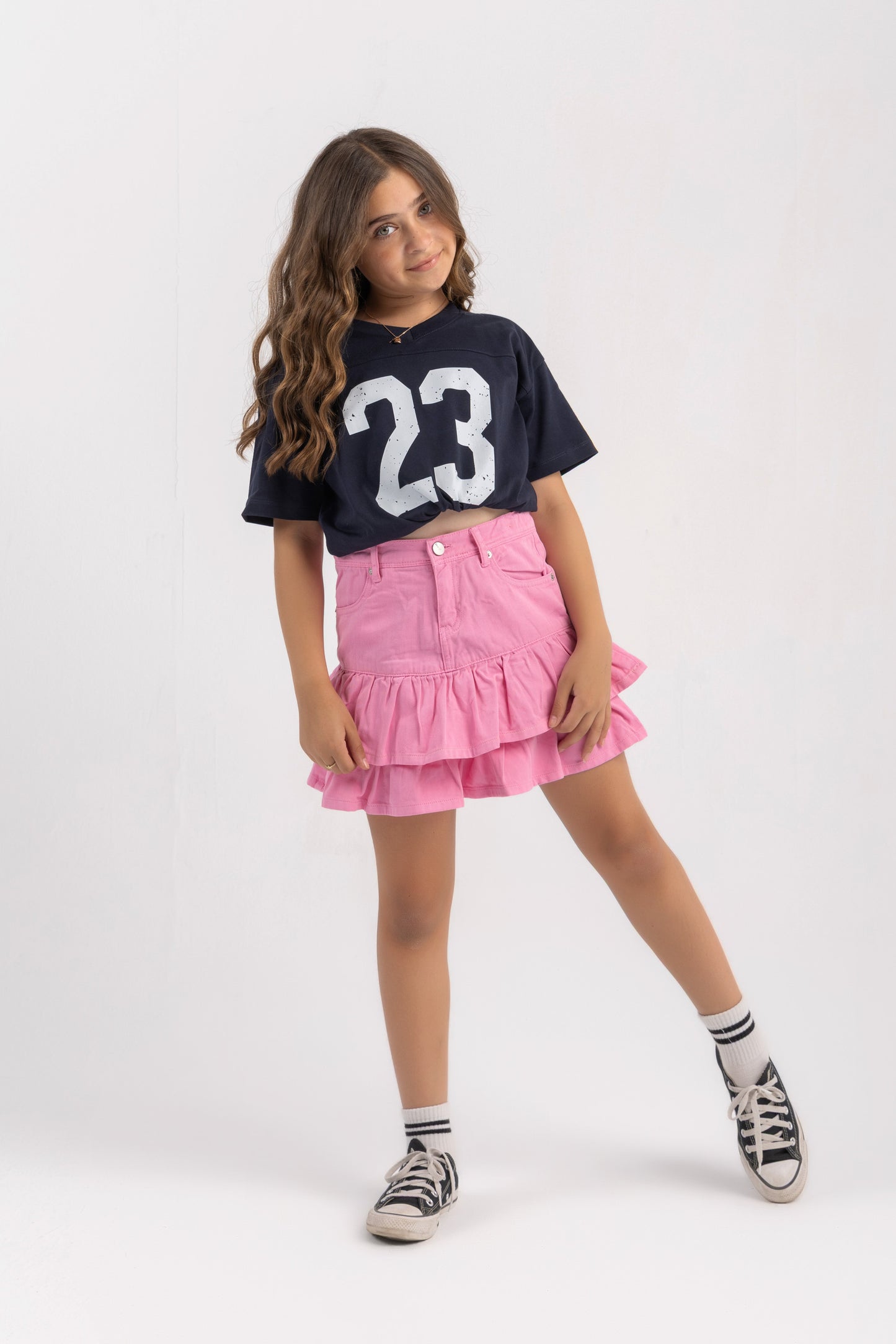 Layered denim skirt in pink