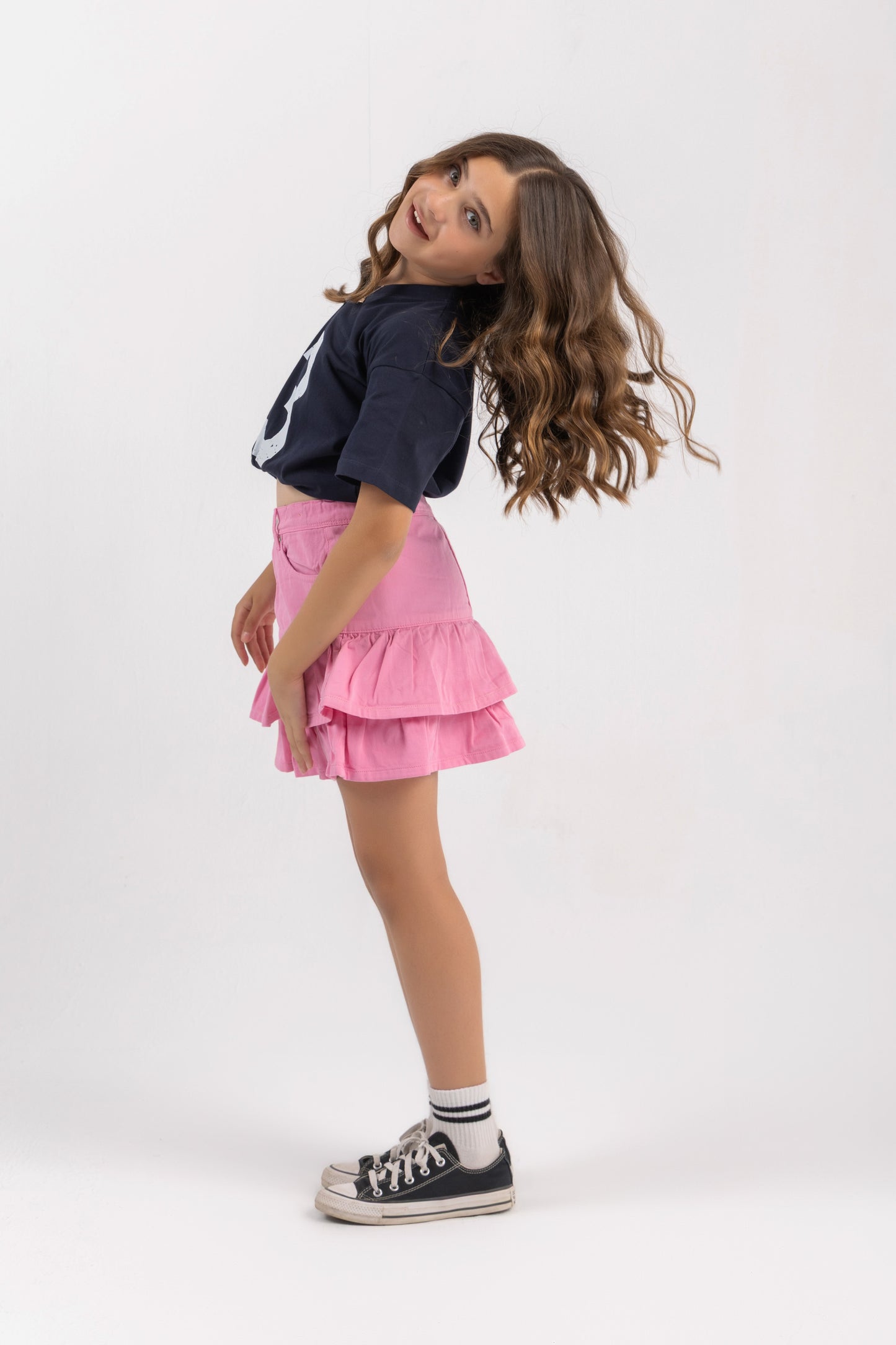 Layered denim skirt in pink