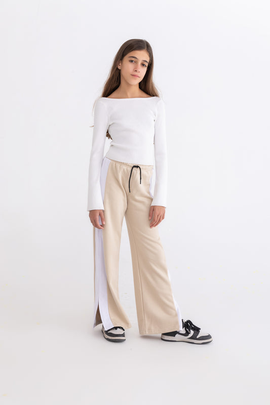 Beige plush trousers with side bands