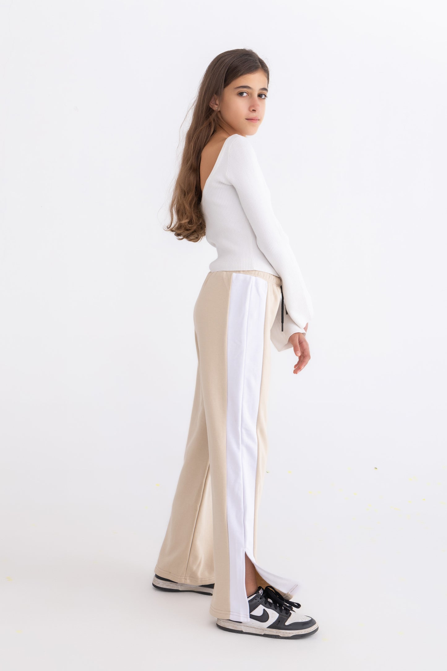 Beige plush trousers with side bands