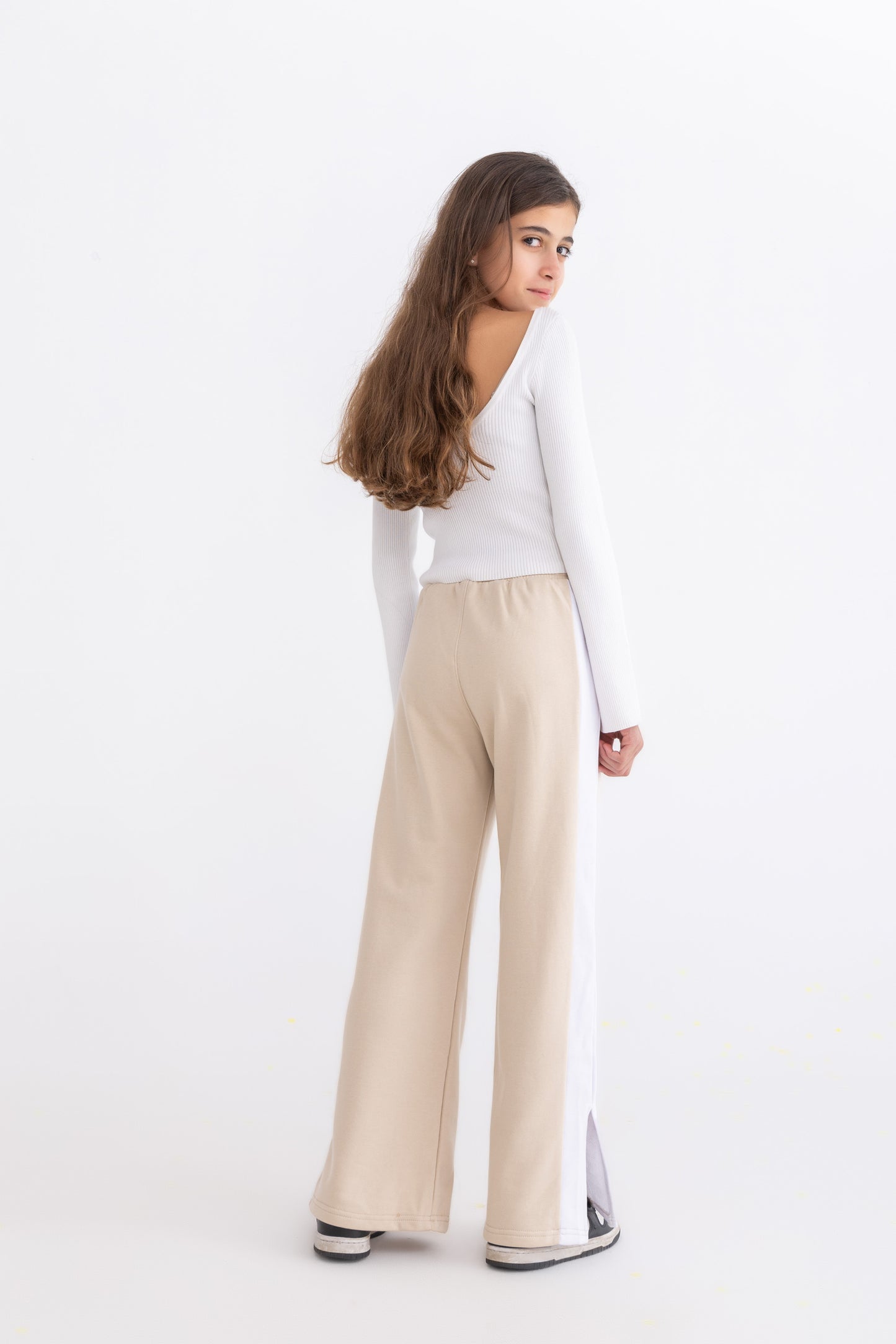 Beige plush trousers with side bands