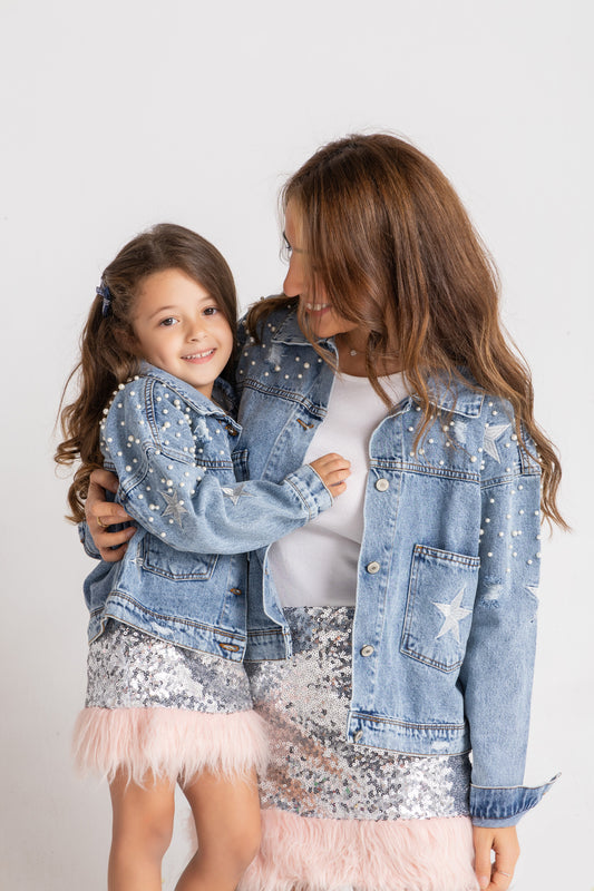 Pearls & stars embellished denim jacket- Adult