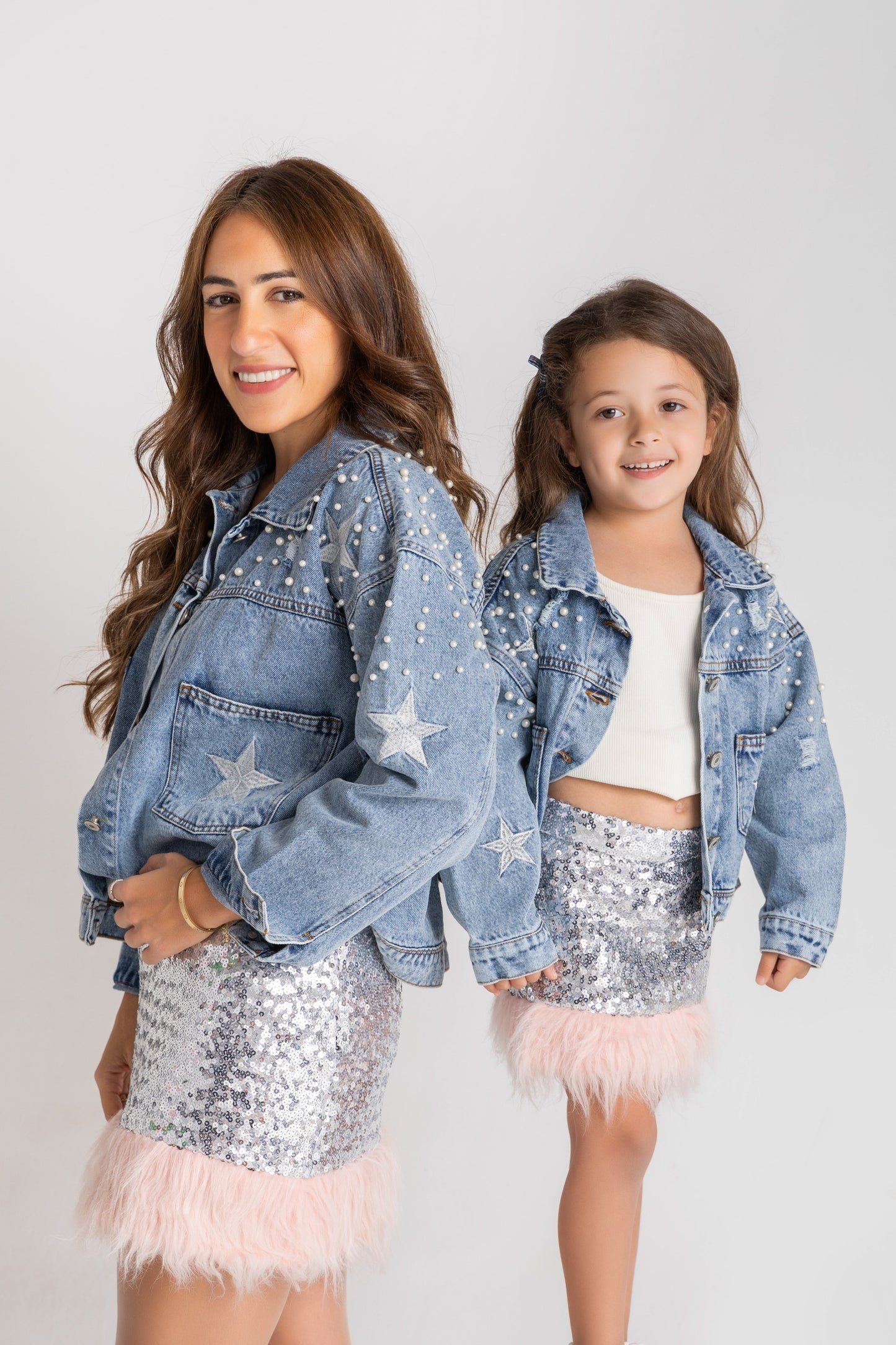 Pearls & stars embellished denim jacket- Adult