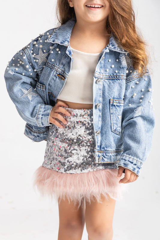 Pearls & stars embellished denim jacket- Kids