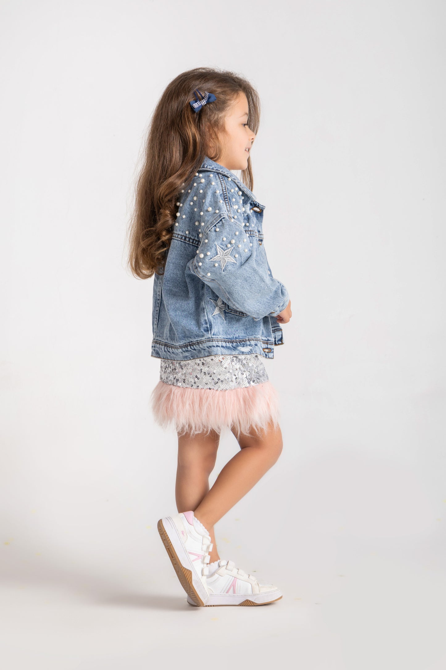 Pearls & stars embellished denim jacket- Kids