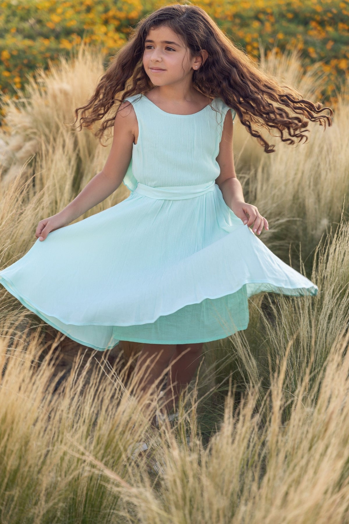 Mint ruffle backless dress in textured fabric