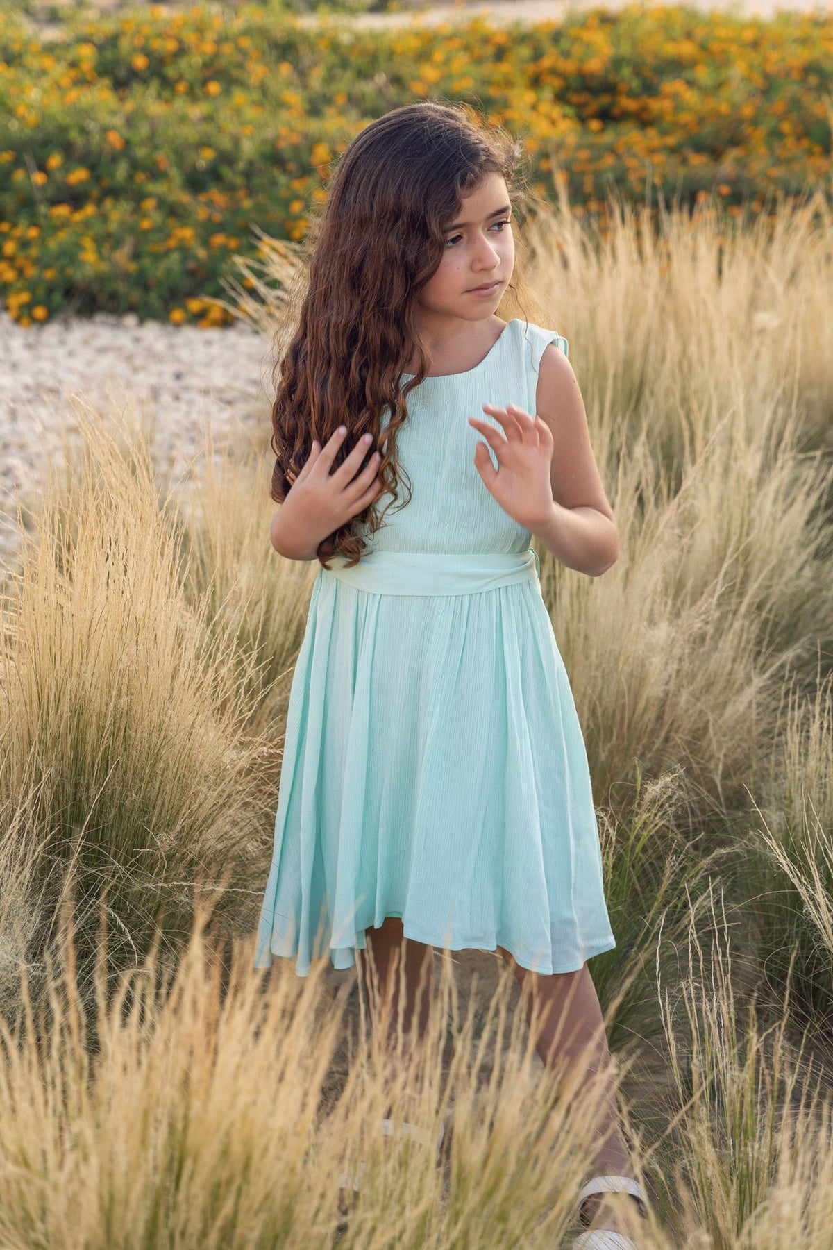 Mint ruffle backless dress in textured fabric