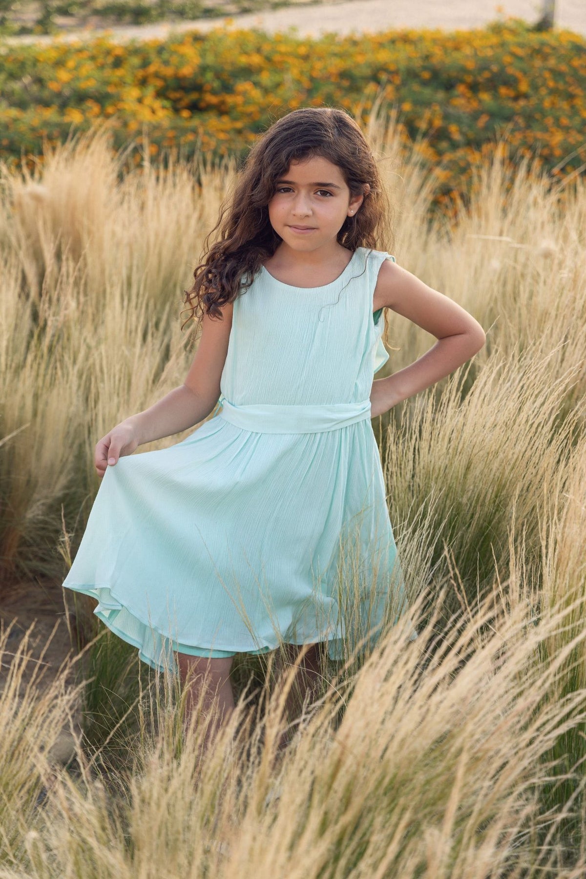 Mint ruffle backless dress in textured fabric