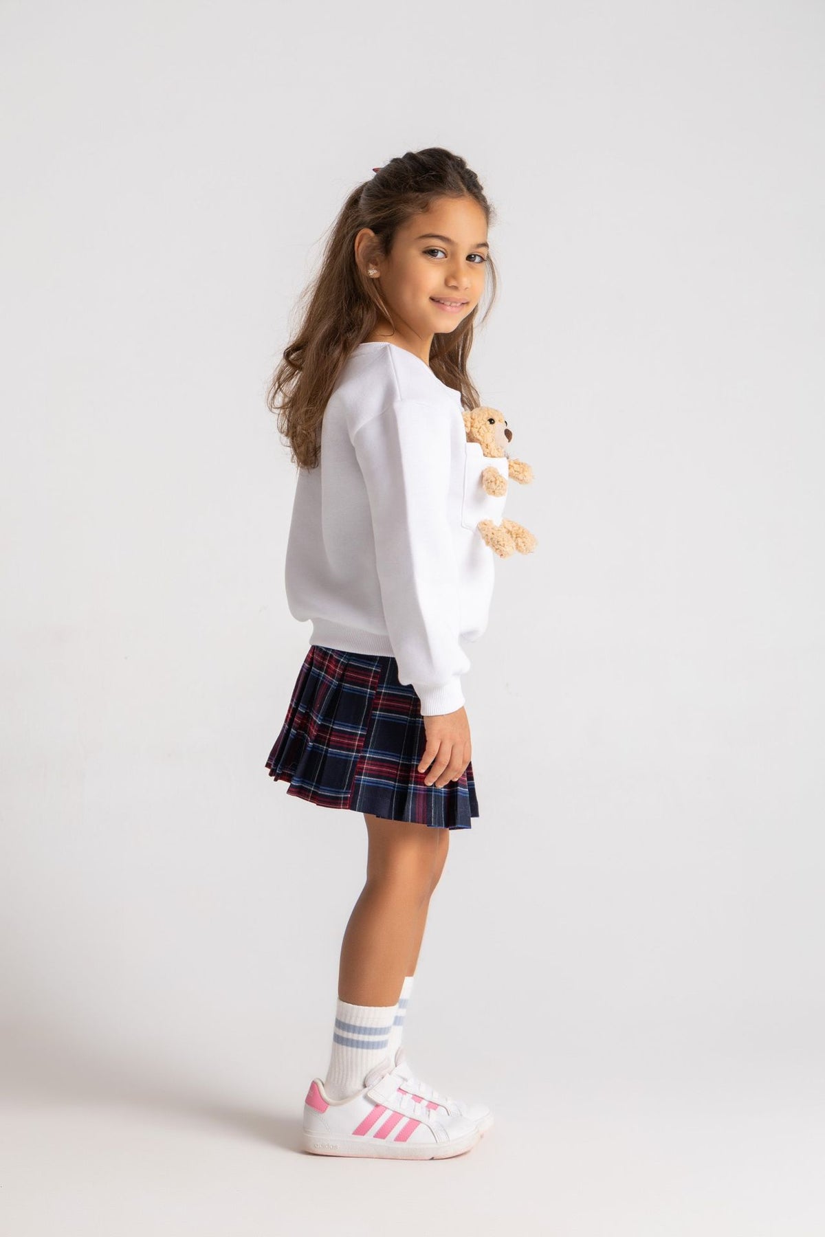 Pleated plaid wool mini skirt