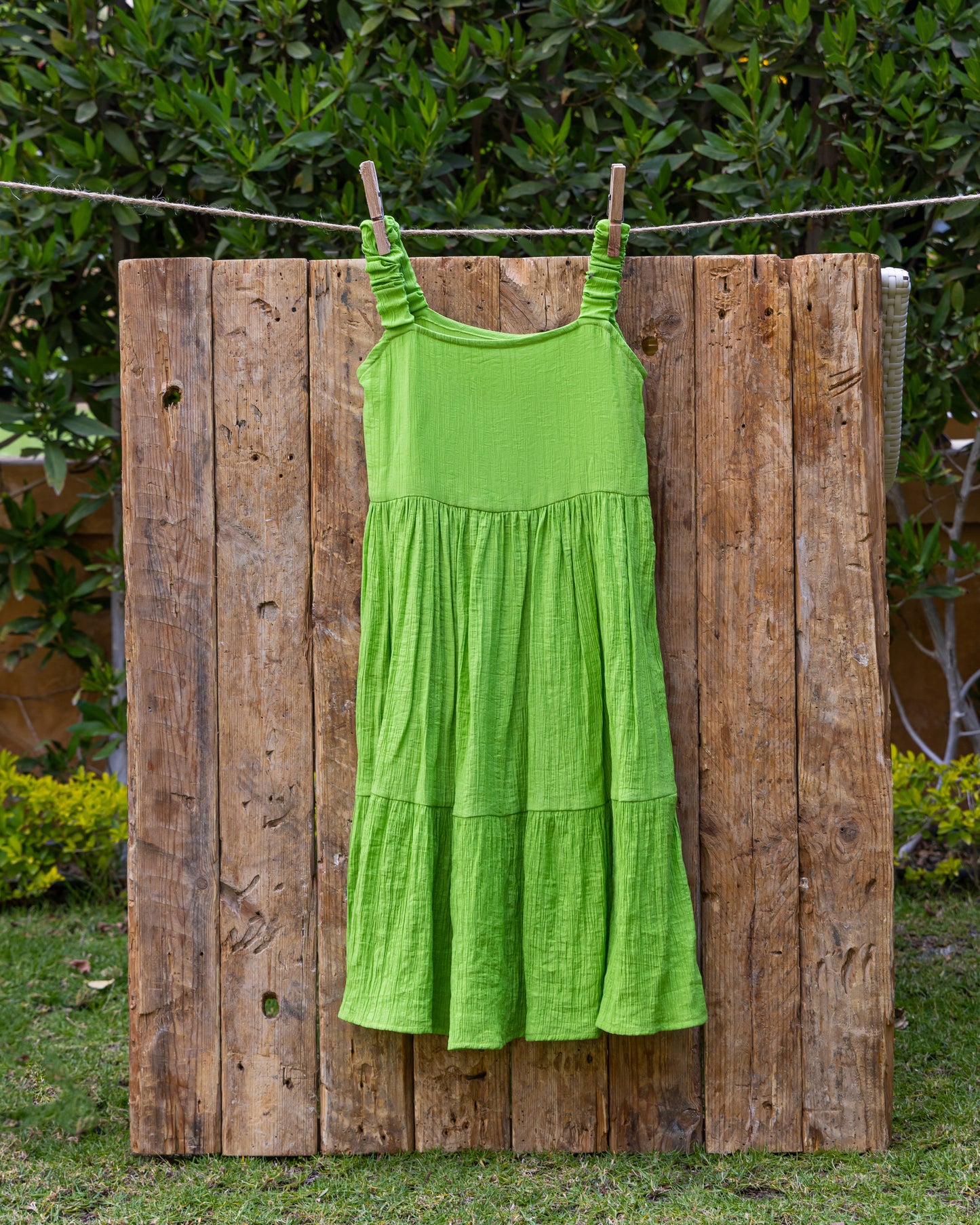 Bright green textured twirl dress