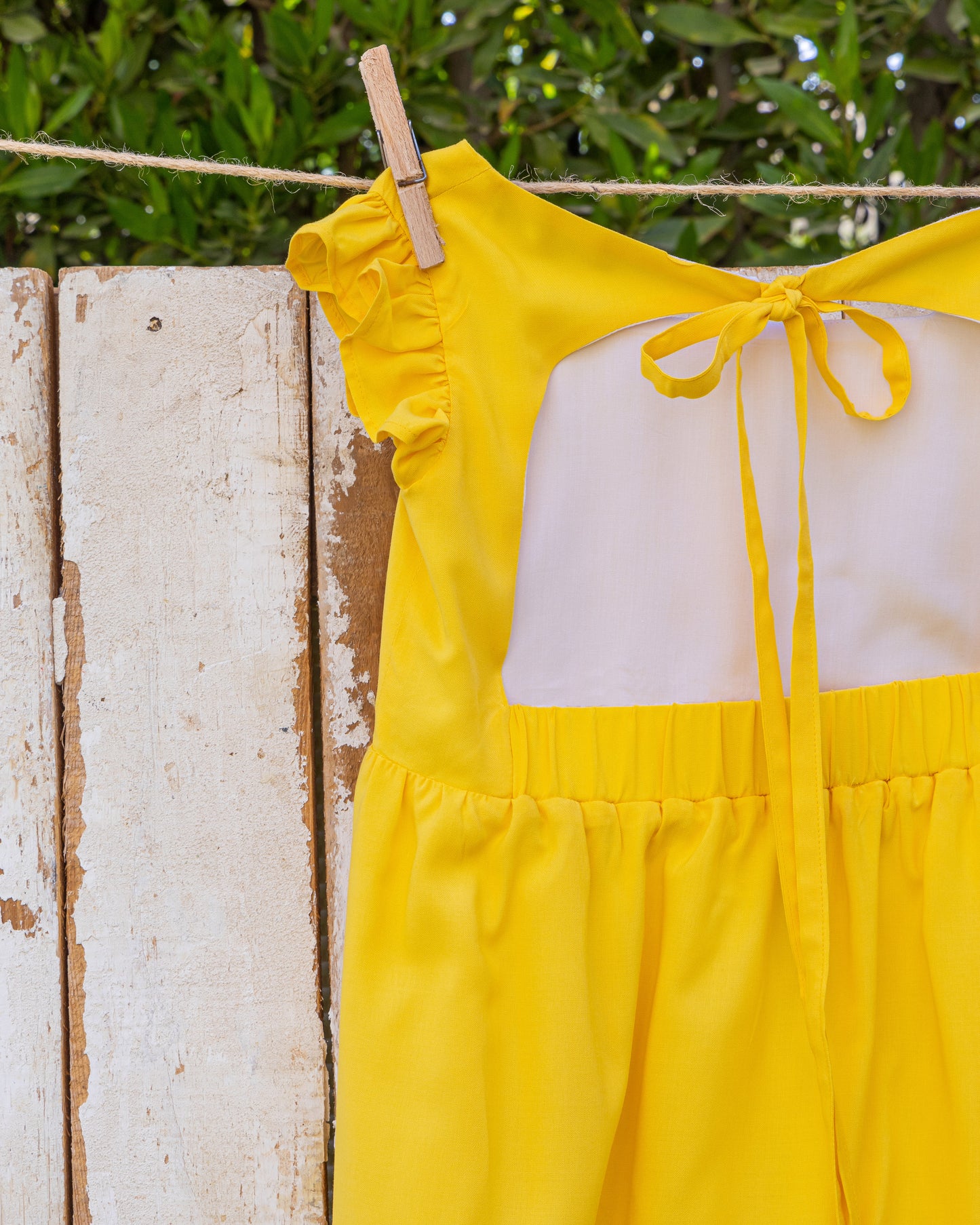 Tie-back dress in sunshine yellow cotton
