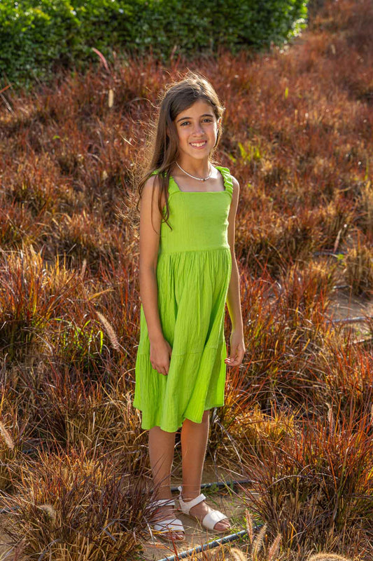 Bright green textured twirl dress
