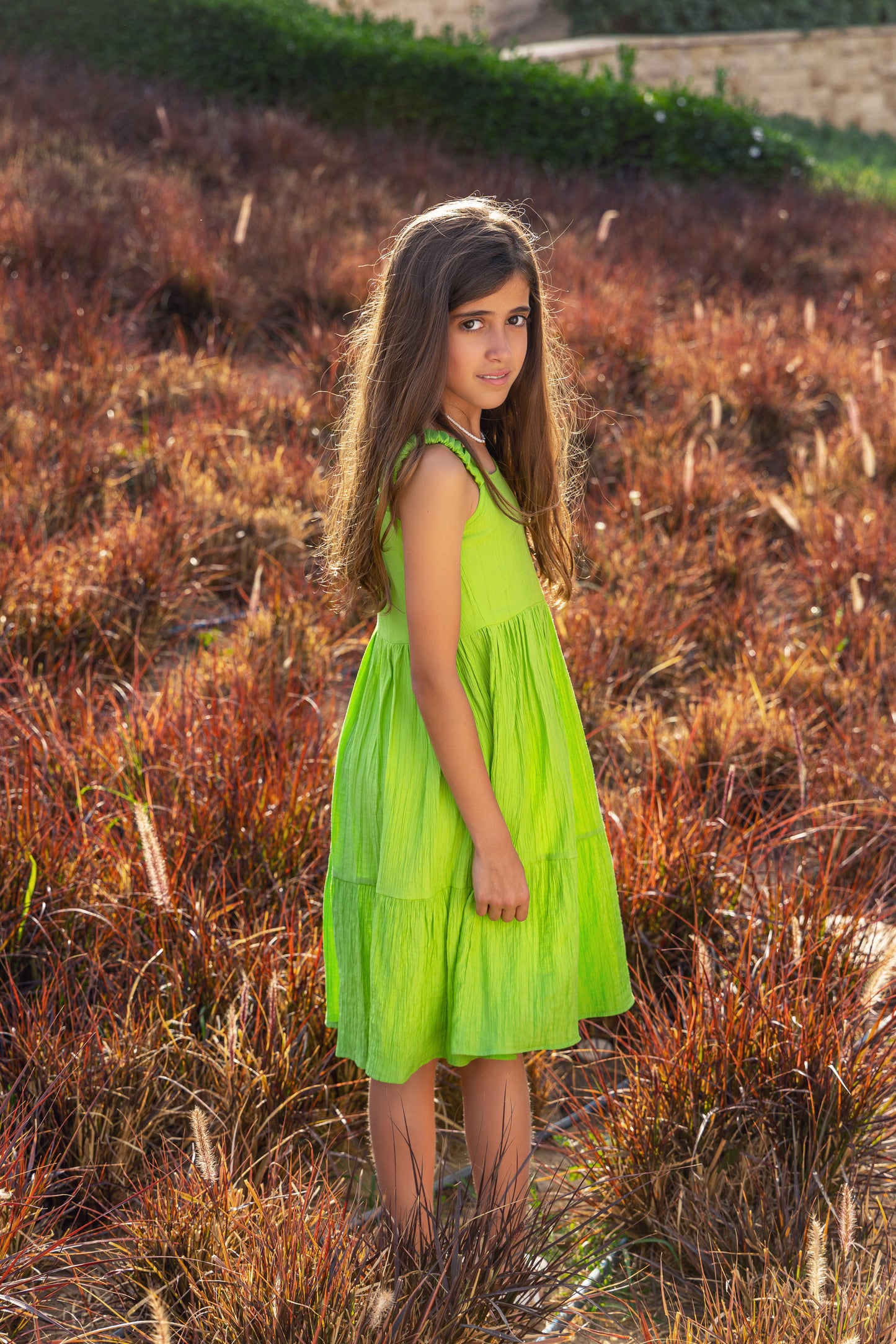 Bright green textured twirl dress