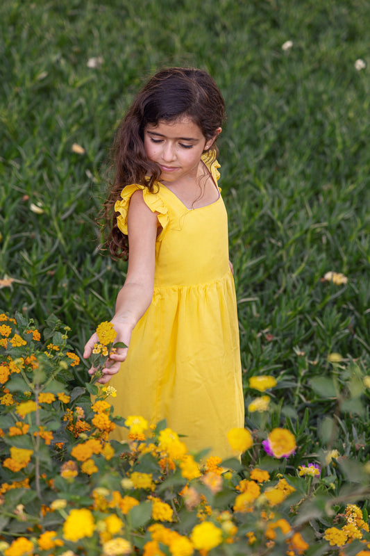 Tie-back dress in sunshine yellow cotton