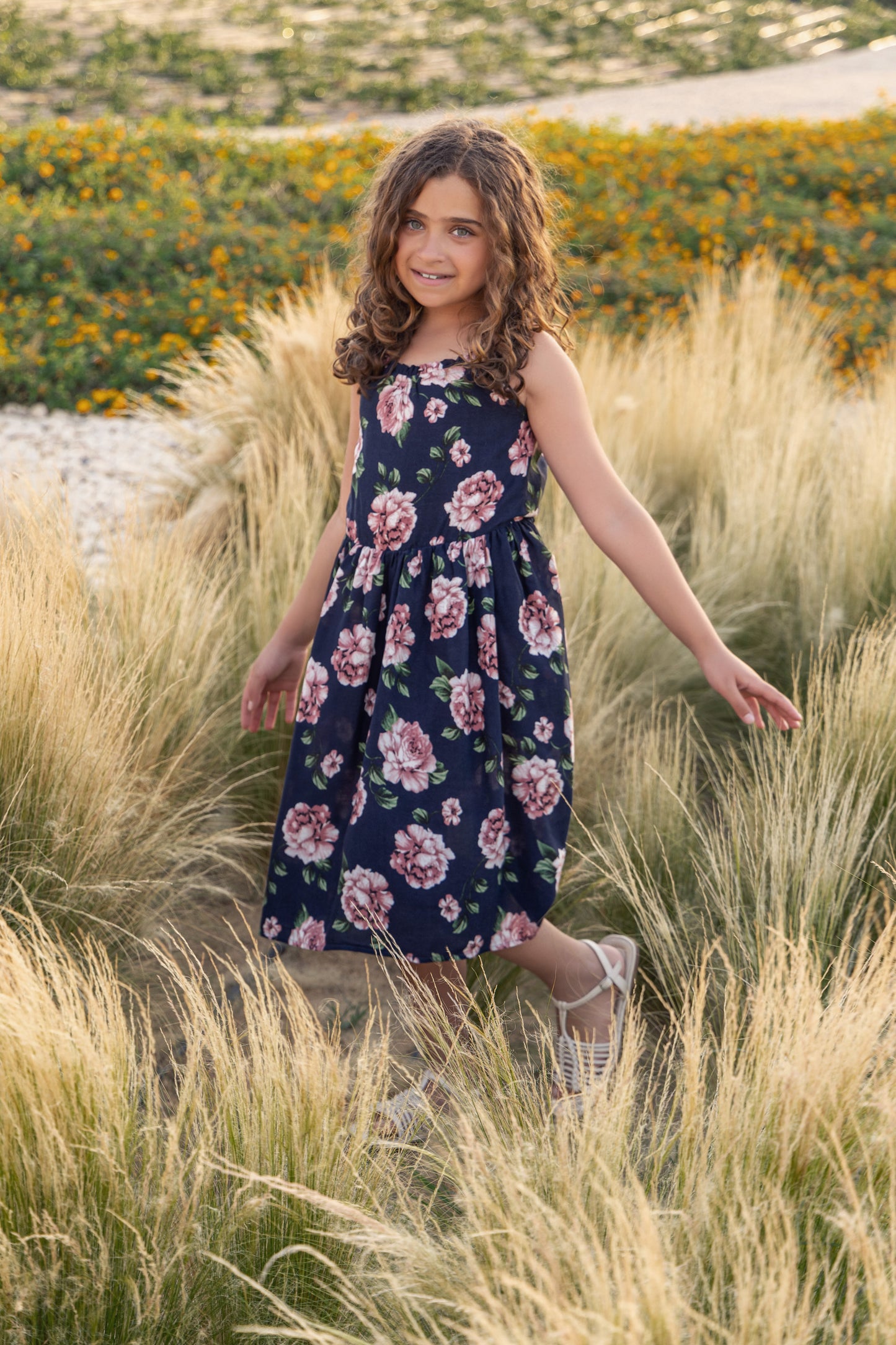 Floral dress in navy pink rose