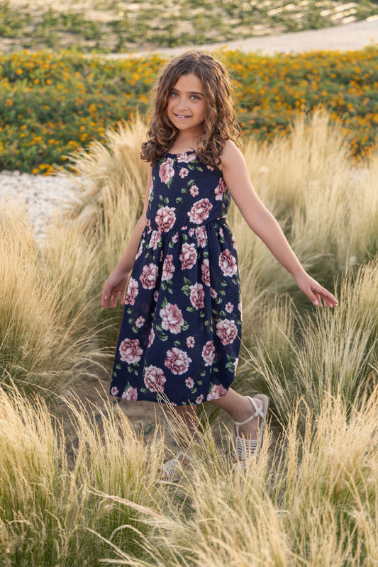 Floral dress in navy pink rose