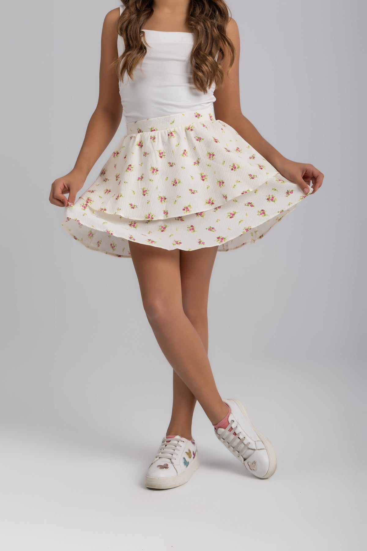 Layered skirt with pink flowers
