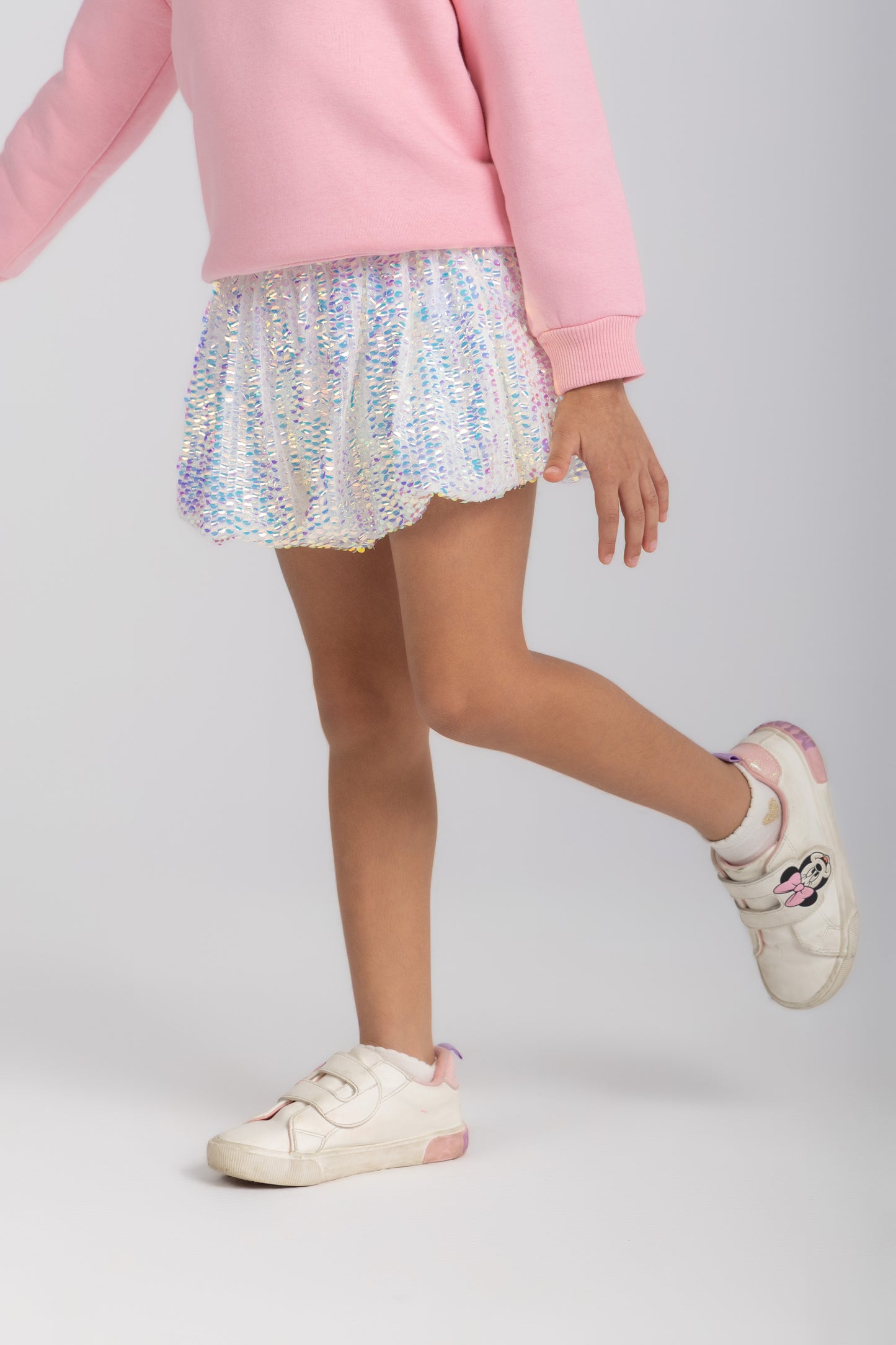 Holographic sequin balloon skirt in white