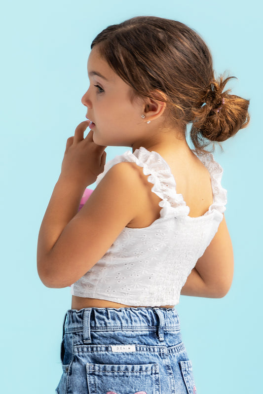 Ruffle-strap tank top in white
