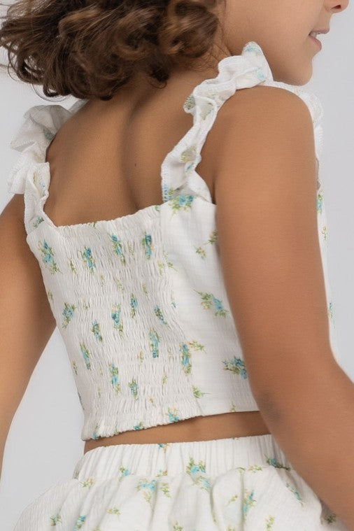Ruffle-strap tank top in floral